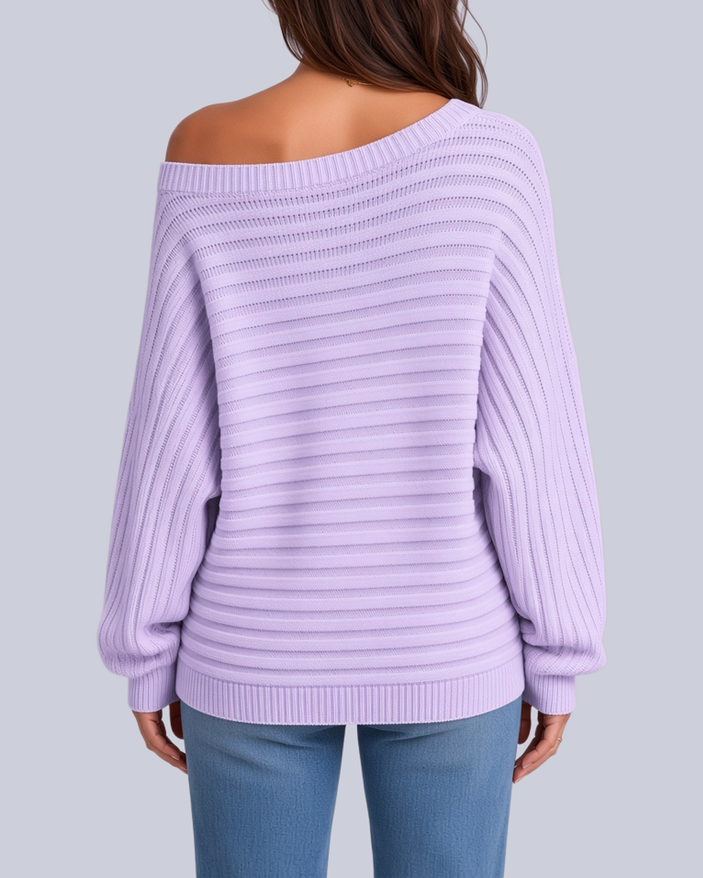Women's Ribbed Knit Batwing Jumper with Off Shoulder Neckline in Purple – Back View