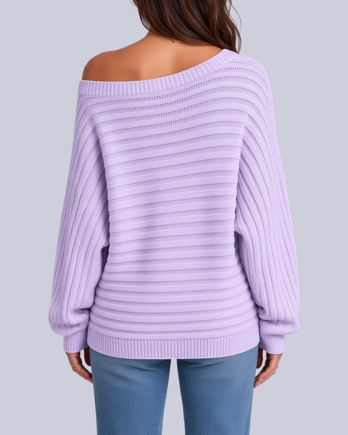 Women's Ribbed Knit Batwing Jumper with Off Shoulder Neckline in Purple – Back View