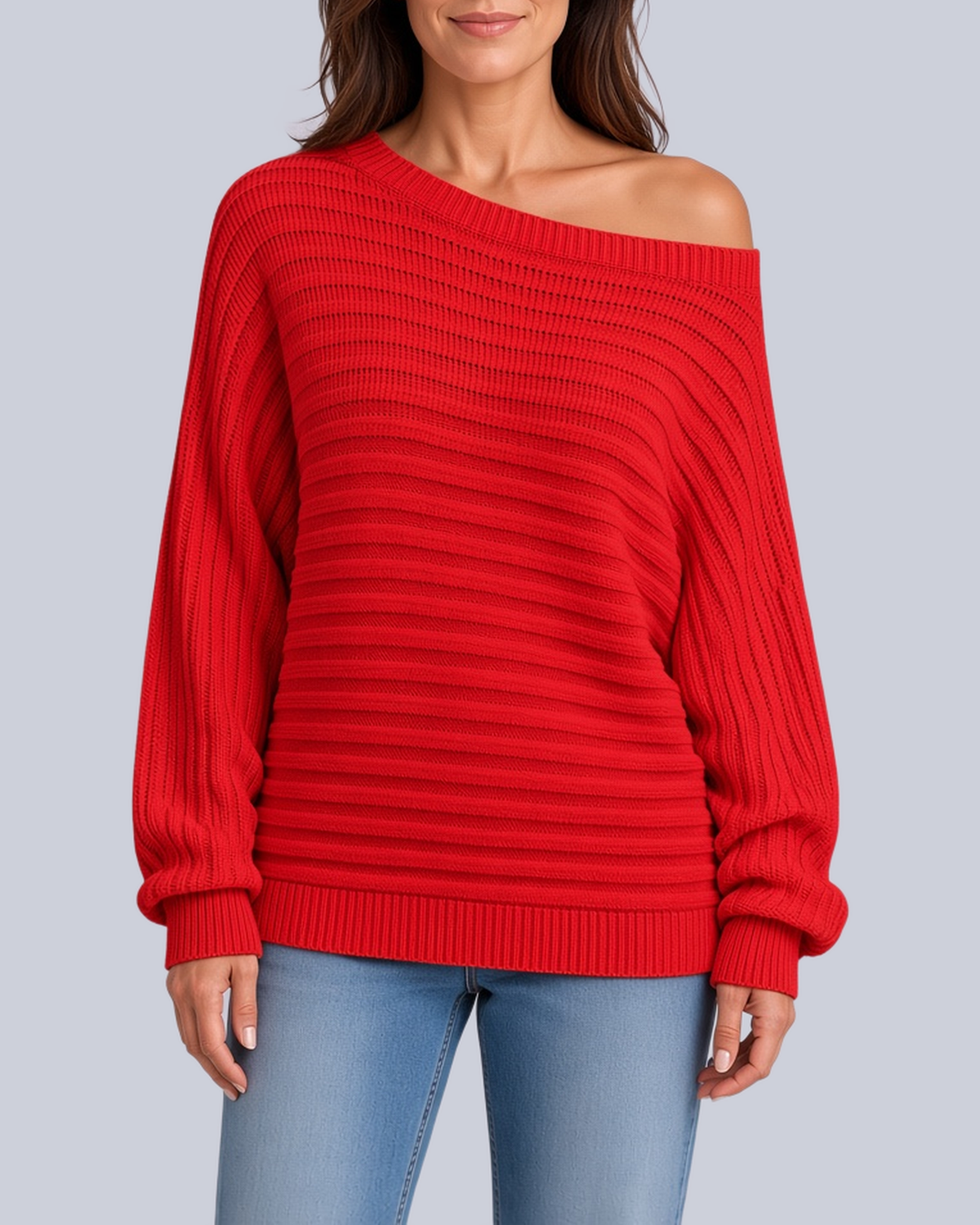 Women's Ribbed Knit Batwing Jumper with Off Shoulder Neckline in Red – Front View
