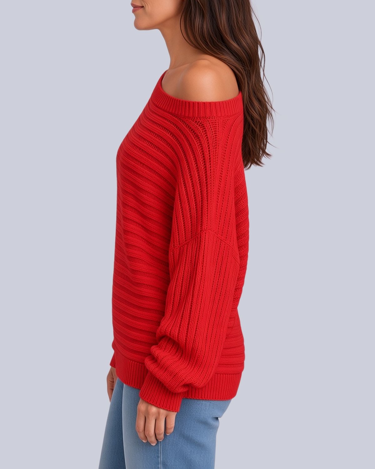 Women's Ribbed Knit Batwing Jumper with Off Shoulder Neckline in Red – Side View
