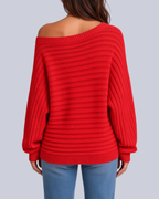 Women's Ribbed Knit Batwing Jumper with Off Shoulder Neckline in Red – Back View
