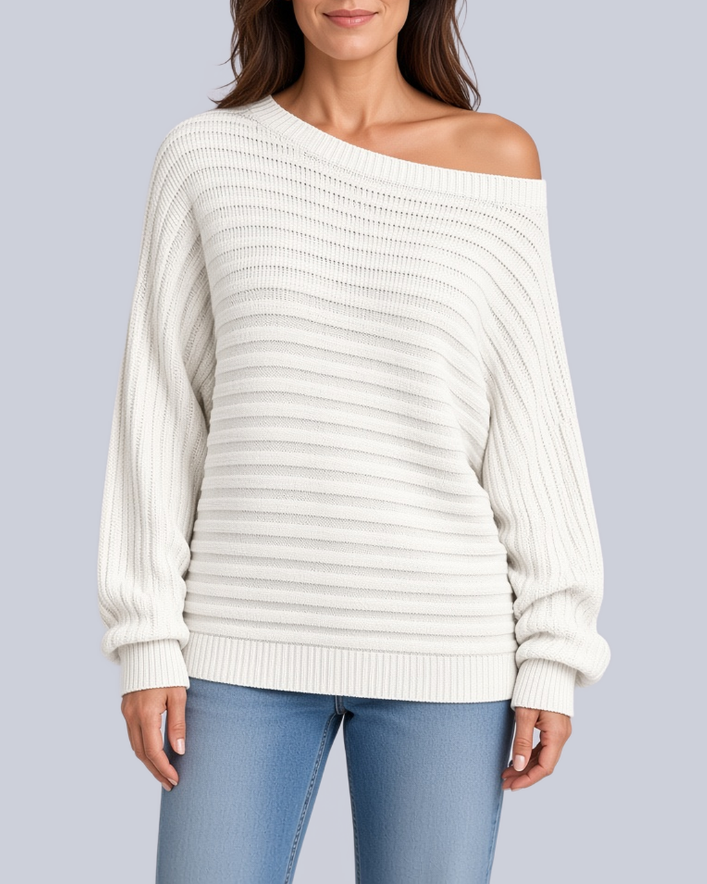 Women's Ribbed Knit Batwing Jumper with Off Shoulder Neckline in White – Front View