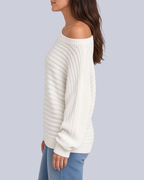 Women's Ribbed Knit Batwing Jumper with Off Shoulder Neckline in White – Side View