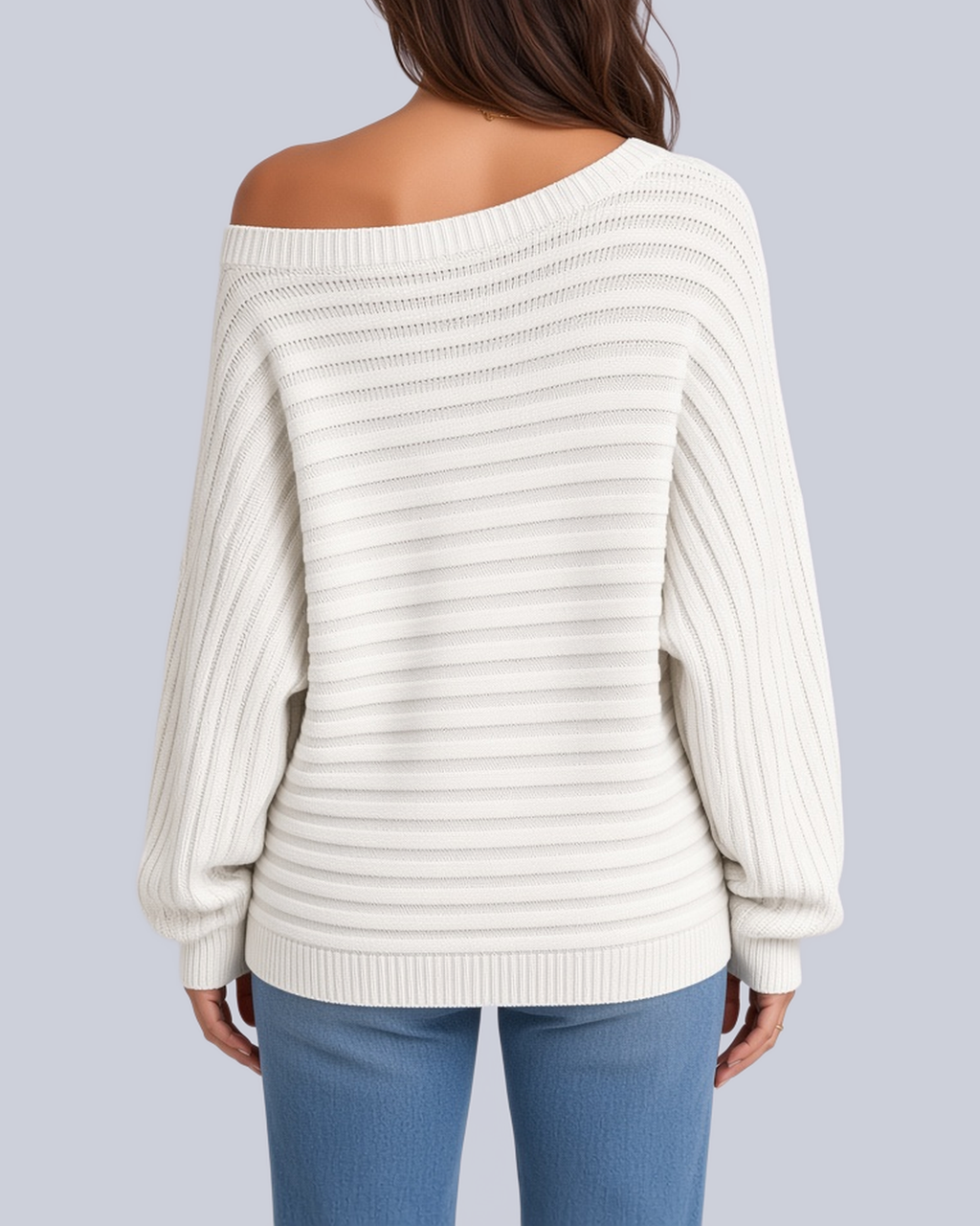Women's Ribbed Knit Batwing Jumper with Off Shoulder Neckline in White – Back View