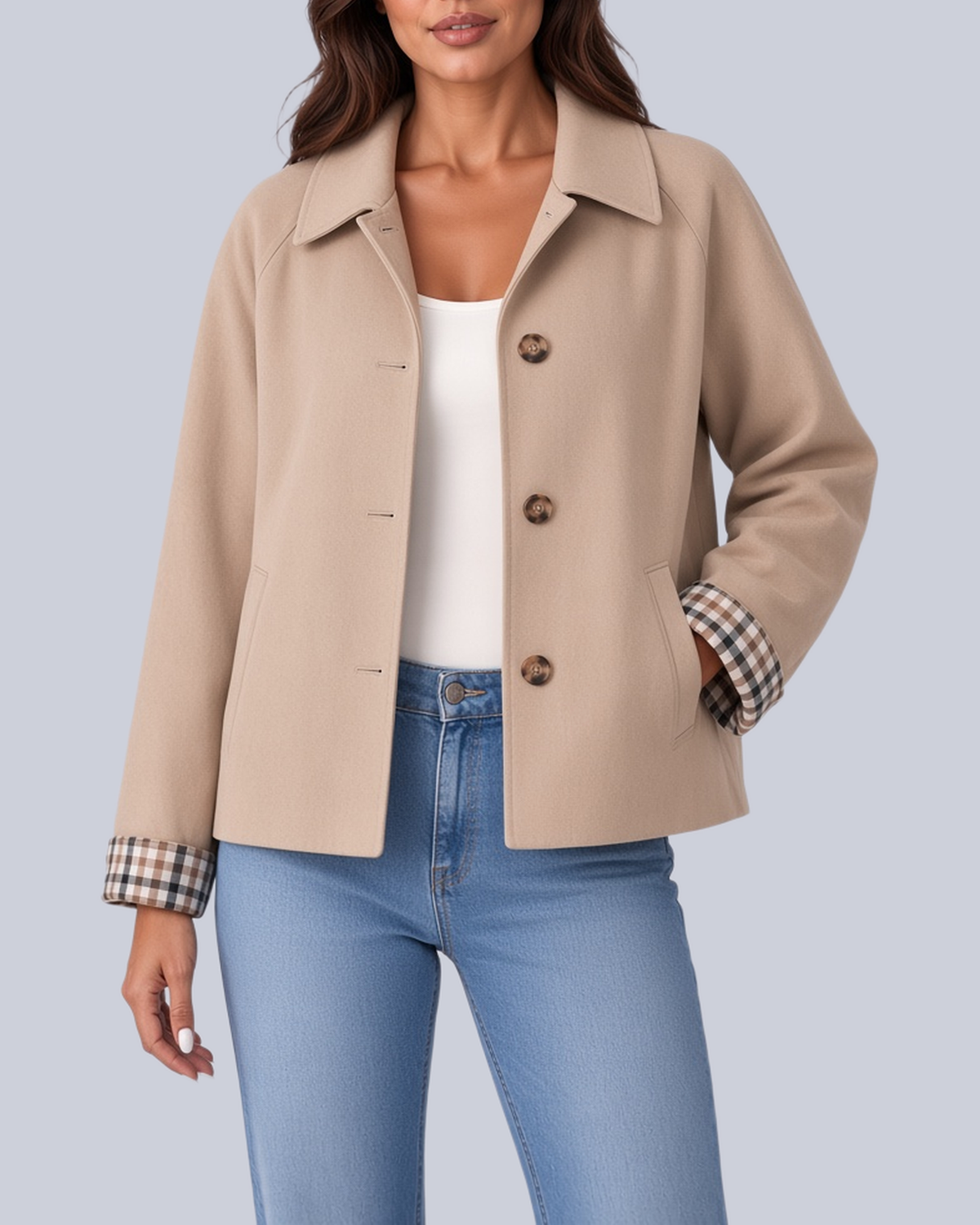 Women's Short Boxy Trench Jacket with Shirt Collar and Turn Up Check Cuffs in Beige – Front View
