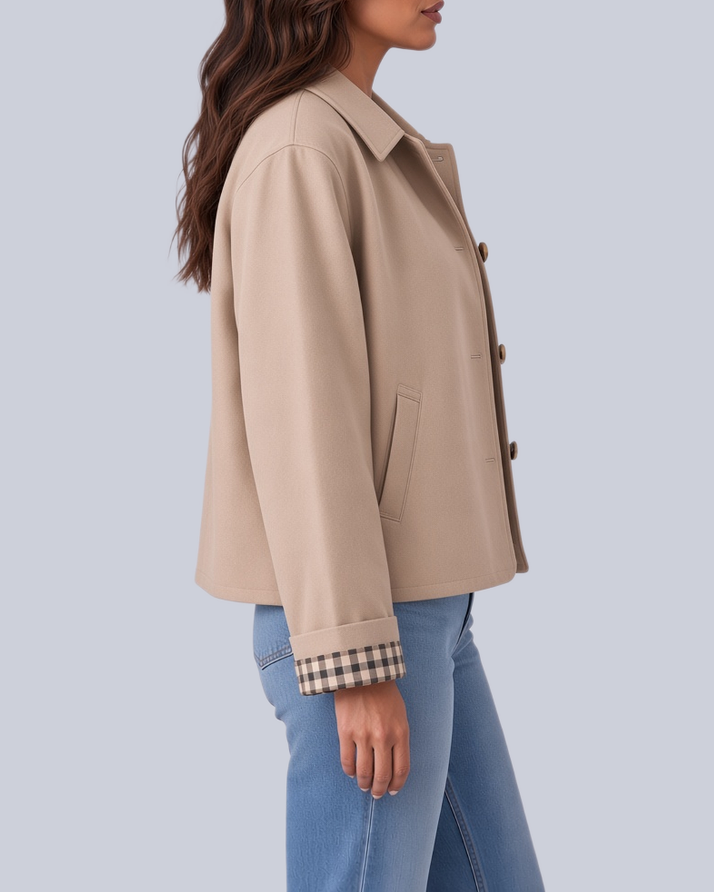 Women's Short Boxy Trench Jacket with Shirt Collar and Turn Up Check Cuffs in Beige – Side View