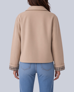 Women's Short Boxy Trench Jacket with Shirt Collar and Turn Up Check Cuffs in Beige – Back View