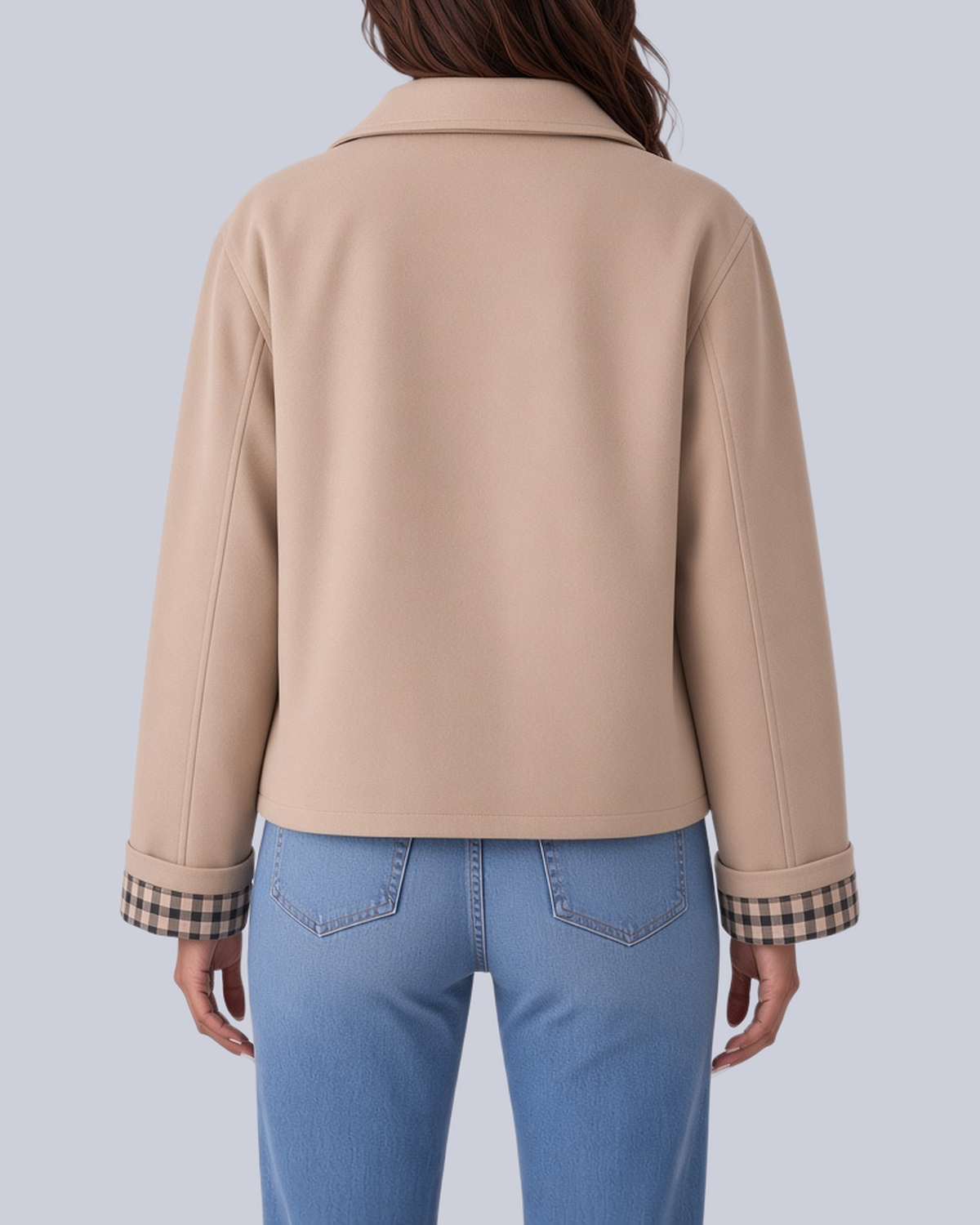 Women's Short Boxy Trench Jacket with Shirt Collar and Turn Up Check Cuffs in Beige – Back View