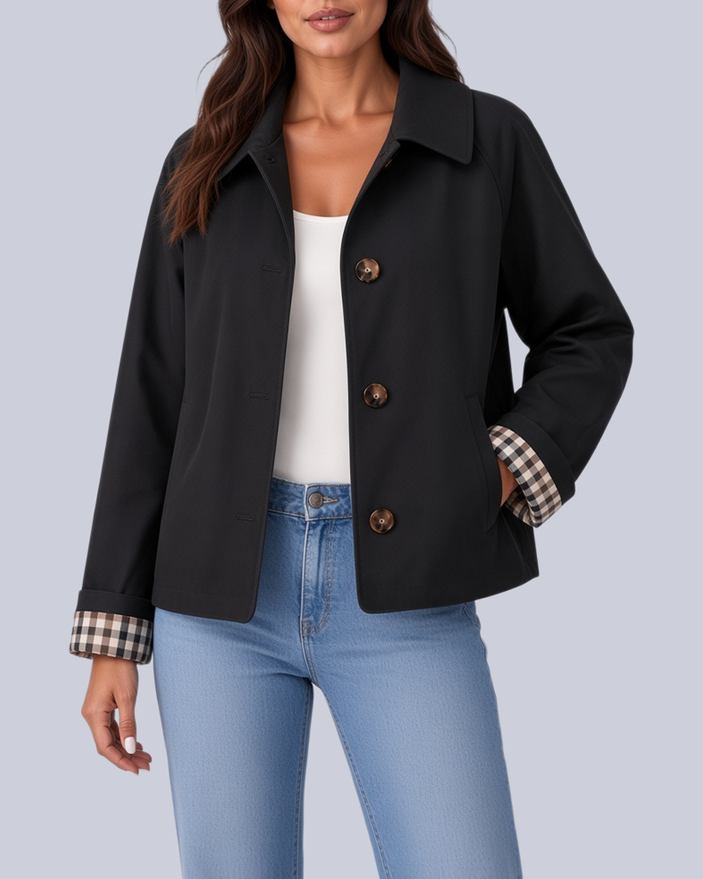 Women's Short Boxy Trench Jacket with Shirt Collar and Turn Up Check Cuffs in Black – Front View