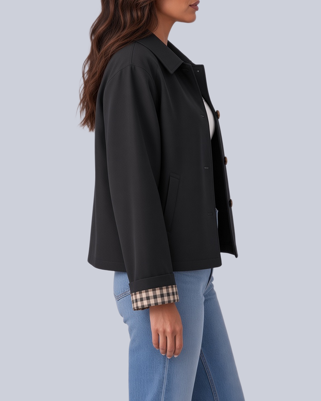 Women's Short Boxy Trench Jacket with Shirt Collar and Turn Up Check Cuffs in Black – Side View