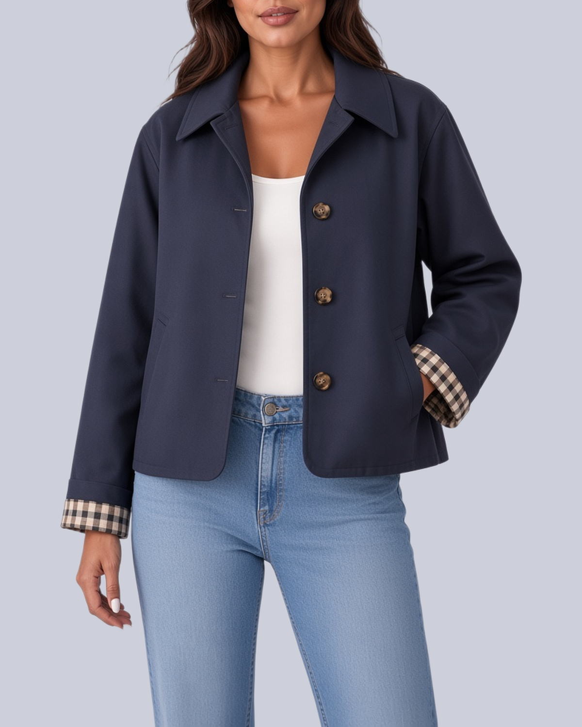 Women's Short Boxy Trench Jacket with Shirt Collar and Turn Up Check Cuffs in Navy – Front View