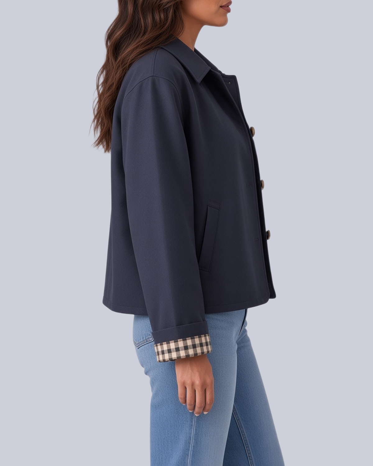 Women's Short Boxy Trench Jacket with Shirt Collar and Turn Up Check Cuffs in Navy – Side View