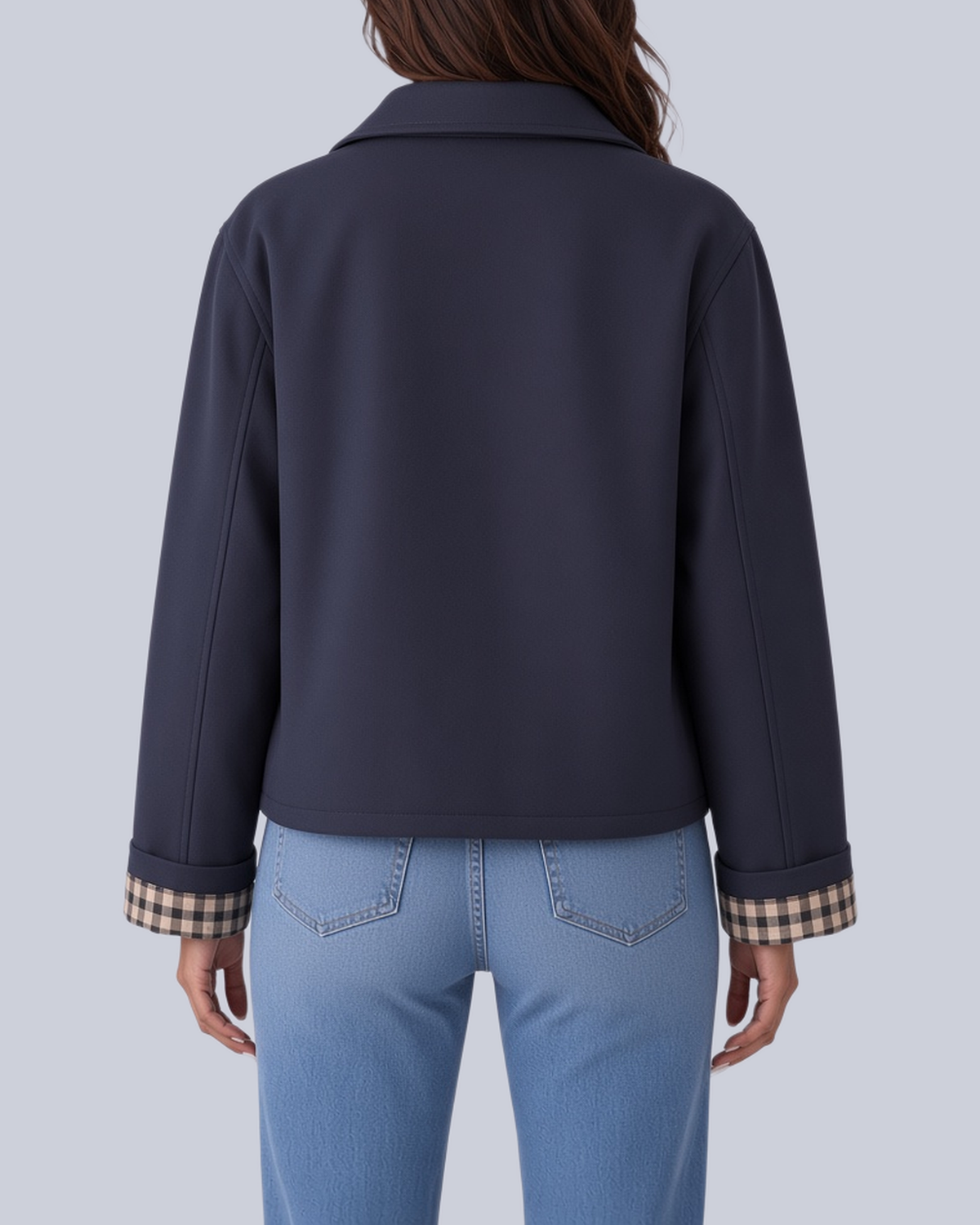 Women's Short Boxy Trench Jacket with Shirt Collar and Turn Up Check Cuffs in Navy – Back View