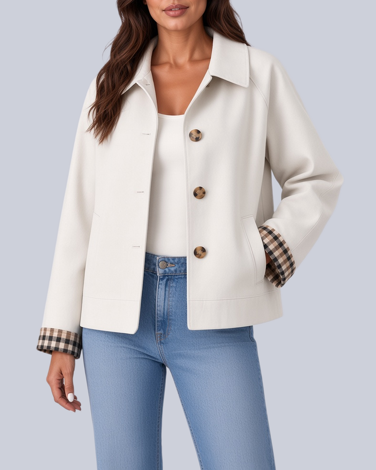 Women's Short Boxy Trench Jacket with Shirt Collar and Turn Up Check Cuffs in White – Front View