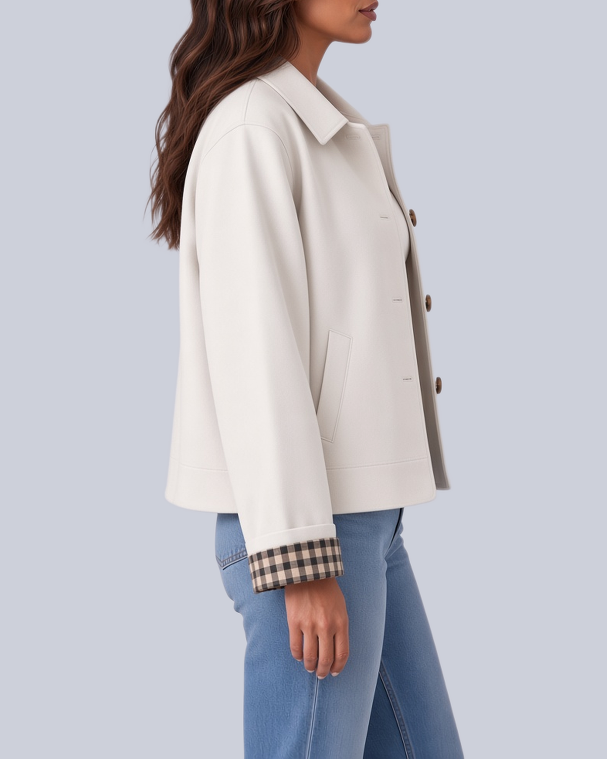 Women's Short Boxy Trench Jacket with Shirt Collar and Turn Up Check Cuffs in White – Side View