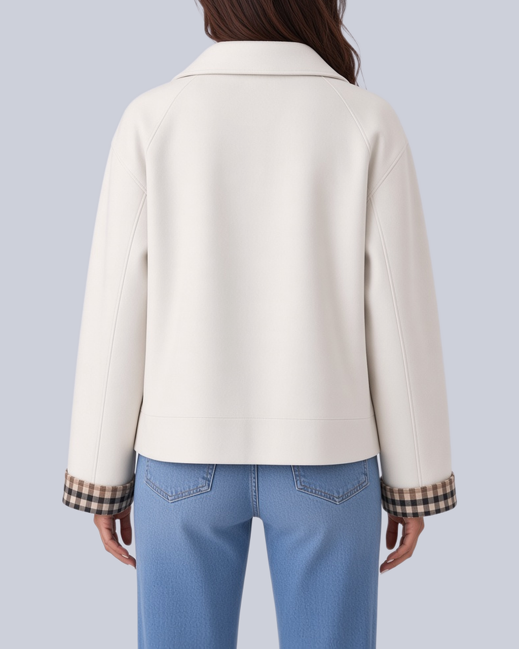 Women's Short Boxy Trench Jacket with Shirt Collar and Turn Up Check Cuffs in White – Back View