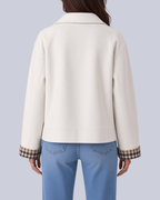 Women's Short Boxy Trench Jacket with Shirt Collar and Turn Up Check Cuffs in White – Back View