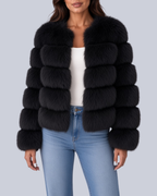 Women's Short Faux Fur Jacket with Horizontal Bands and Round Neck in Black – Front View