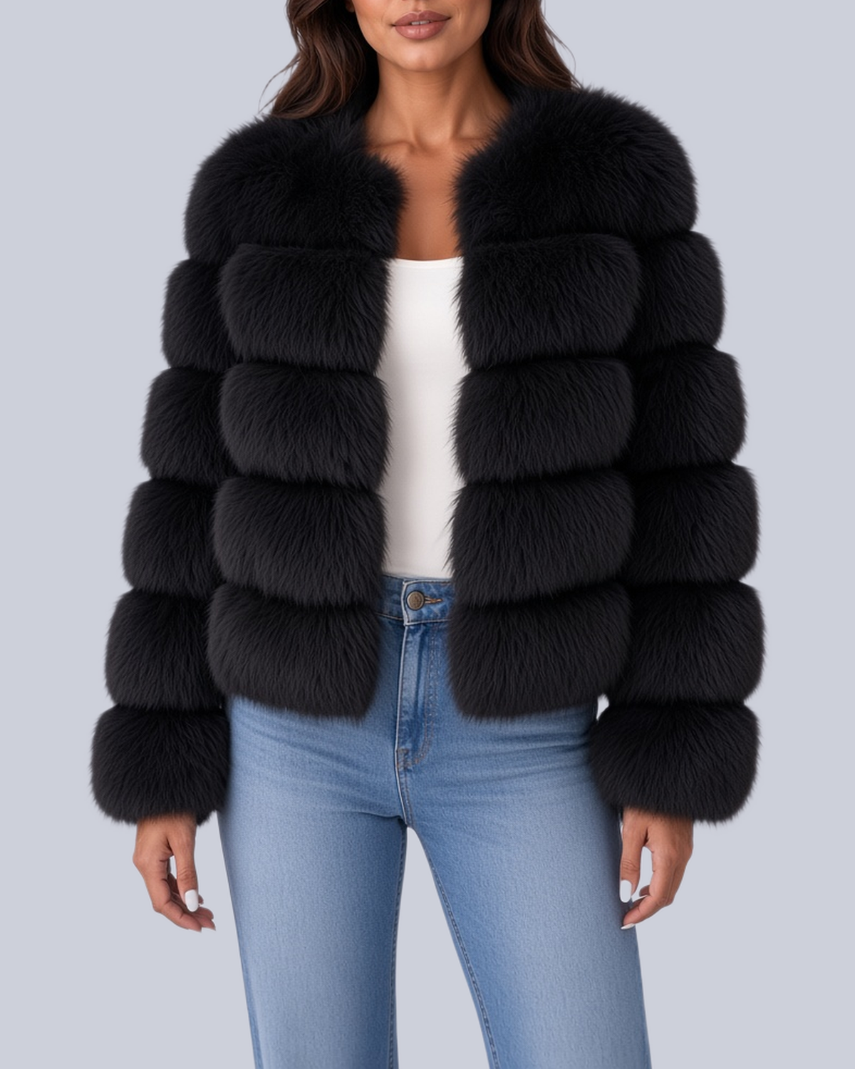 Women's Short Faux Fur Jacket with Horizontal Bands and Round Neck in Black – Front View