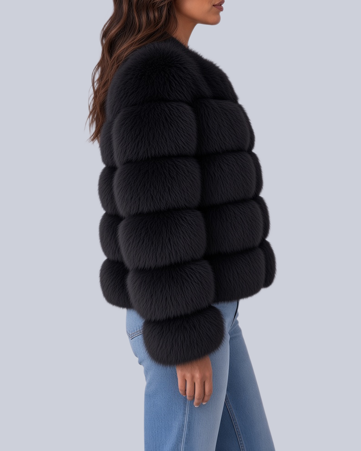 Women's Short Faux Fur Jacket with Horizontal Bands and Round Neck in Black – Side View