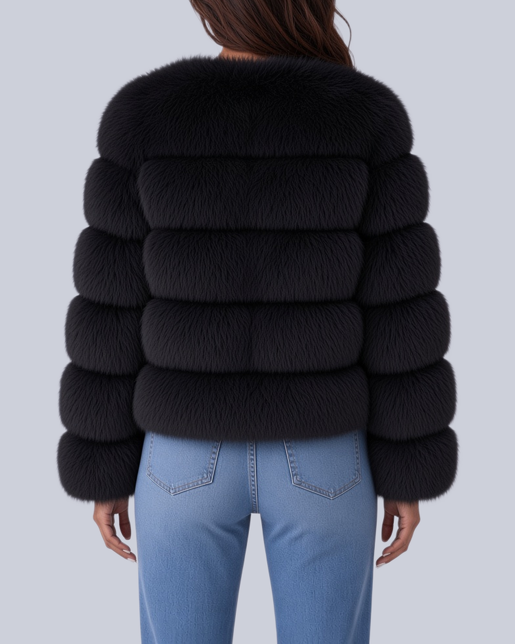 Women's Short Faux Fur Jacket with Horizontal Bands and Round Neck in Black – Back View