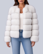 Women's Short Faux Fur Jacket with Horizontal Bands and Round Neck in White – Front View