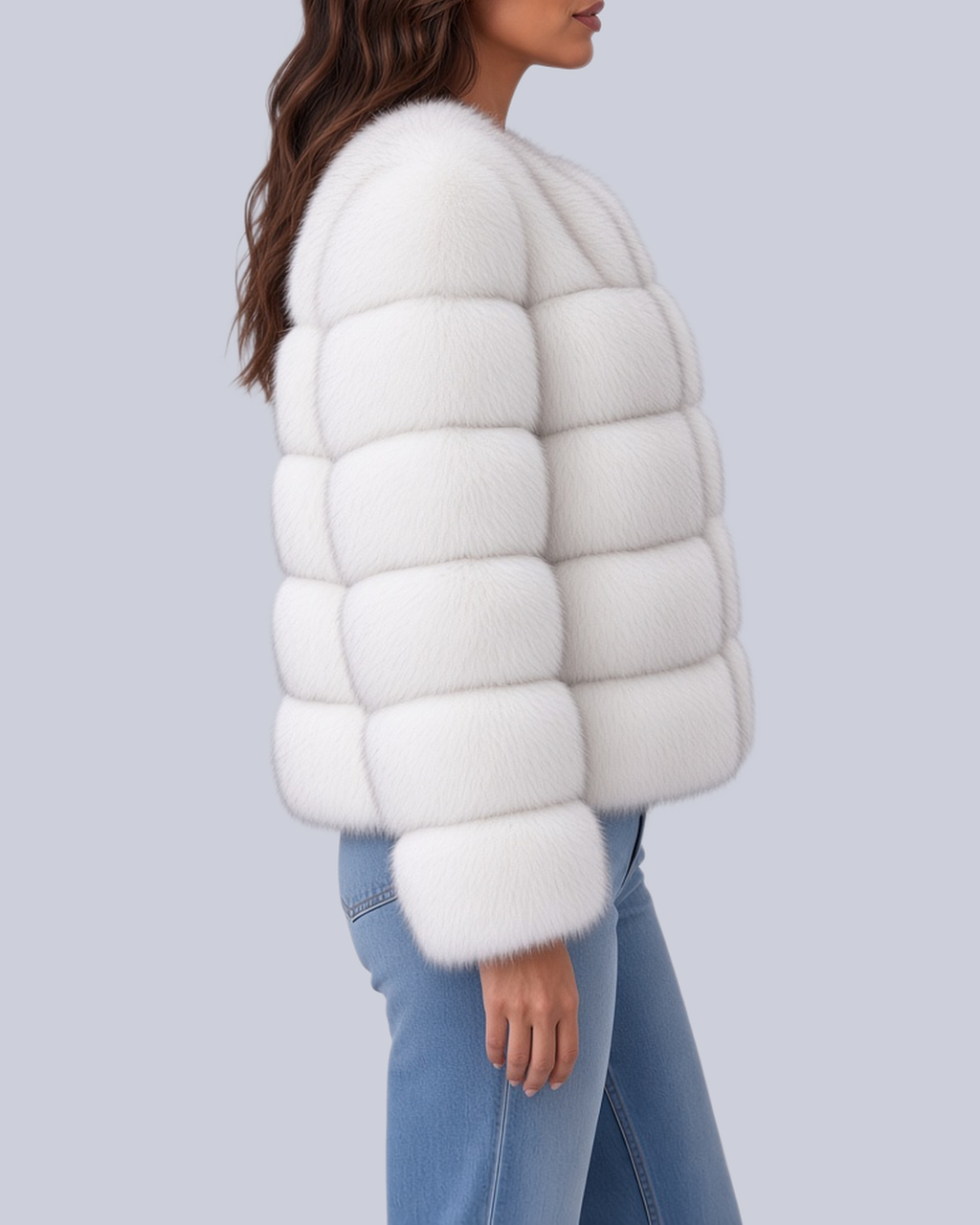 Women's Short Faux Fur Jacket with Horizontal Bands and Round Neck in White – Side View