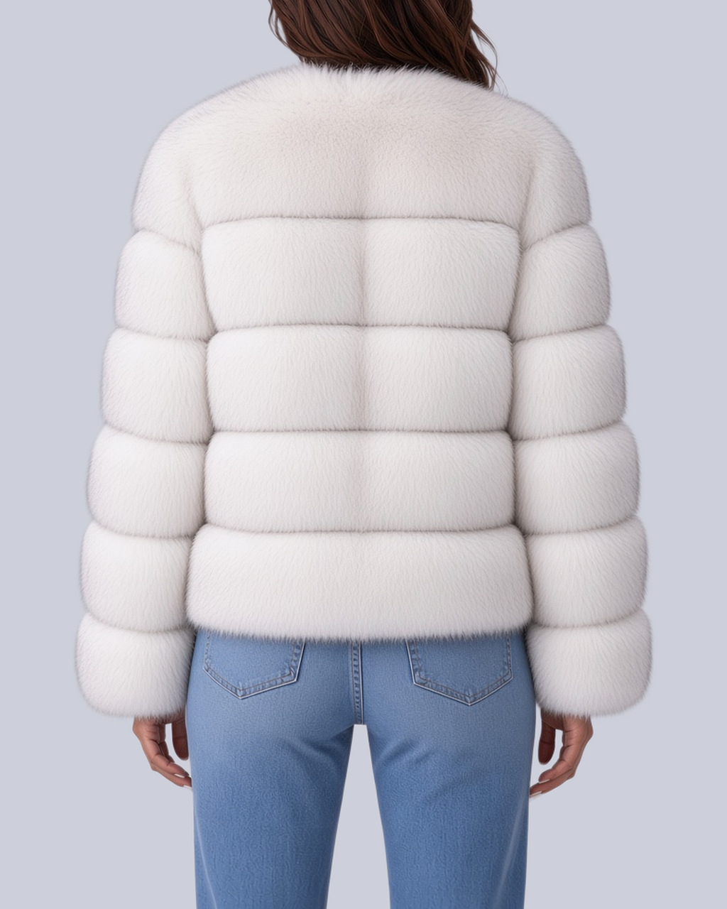 Women's Short Faux Fur Jacket with Horizontal Bands and Round Neck in White – Back View