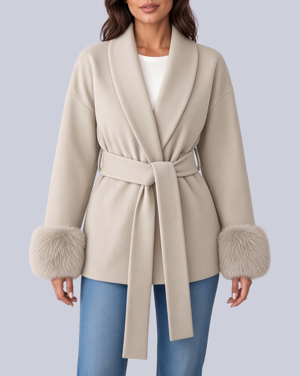Women's Tie Waist Blazer with Shawl Collar and Faux Fur Cuffs in Beige – Front View
