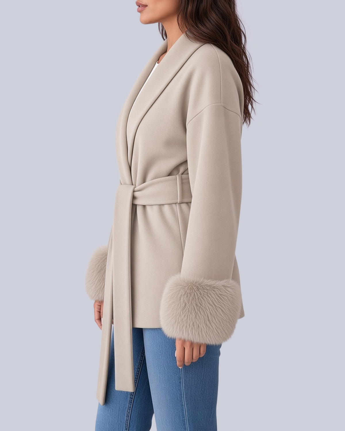 Women's Tie Waist Blazer with Shawl Collar and Faux Fur Cuffs in Beige – Side View