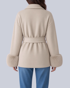 Women's Tie Waist Blazer with Shawl Collar and Faux Fur Cuffs in Beige – Back View