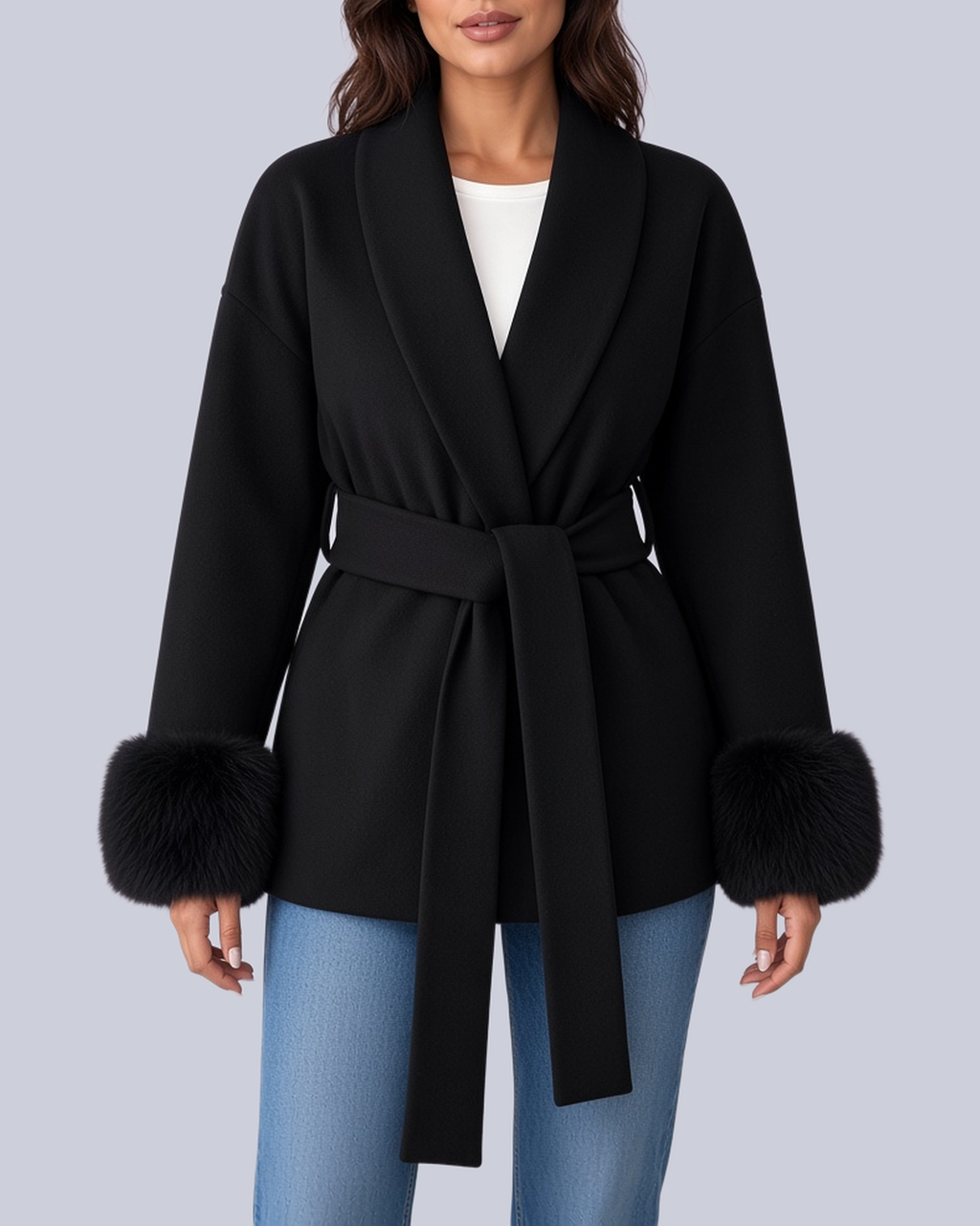 Women's Tie Waist Blazer with Shawl Collar and Faux Fur Cuffs in Black – Front View
