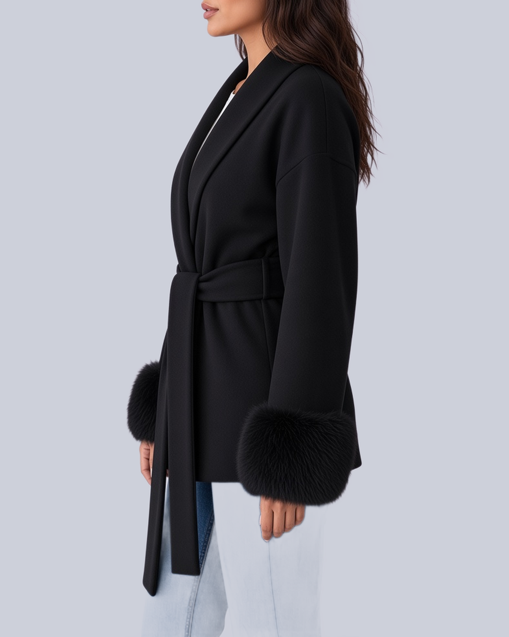 Women's Tie Waist Blazer with Shawl Collar and Faux Fur Cuffs in Black – Side View
