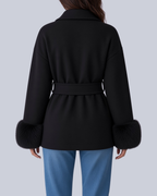 Women's Tie Waist Blazer with Shawl Collar and Faux Fur Cuffs in Black – Back View