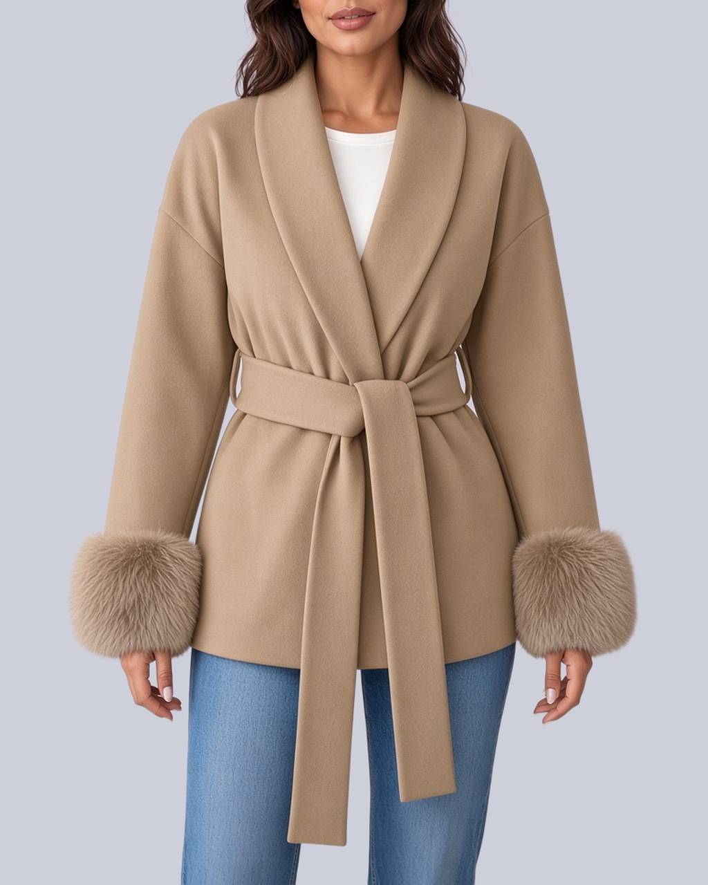 Women's Tie Waist Blazer with Shawl Collar and Faux Fur Cuffs in Khaki – Front View