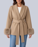 Women's Tie Waist Blazer with Shawl Collar and Faux Fur Cuffs in Khaki – Front View