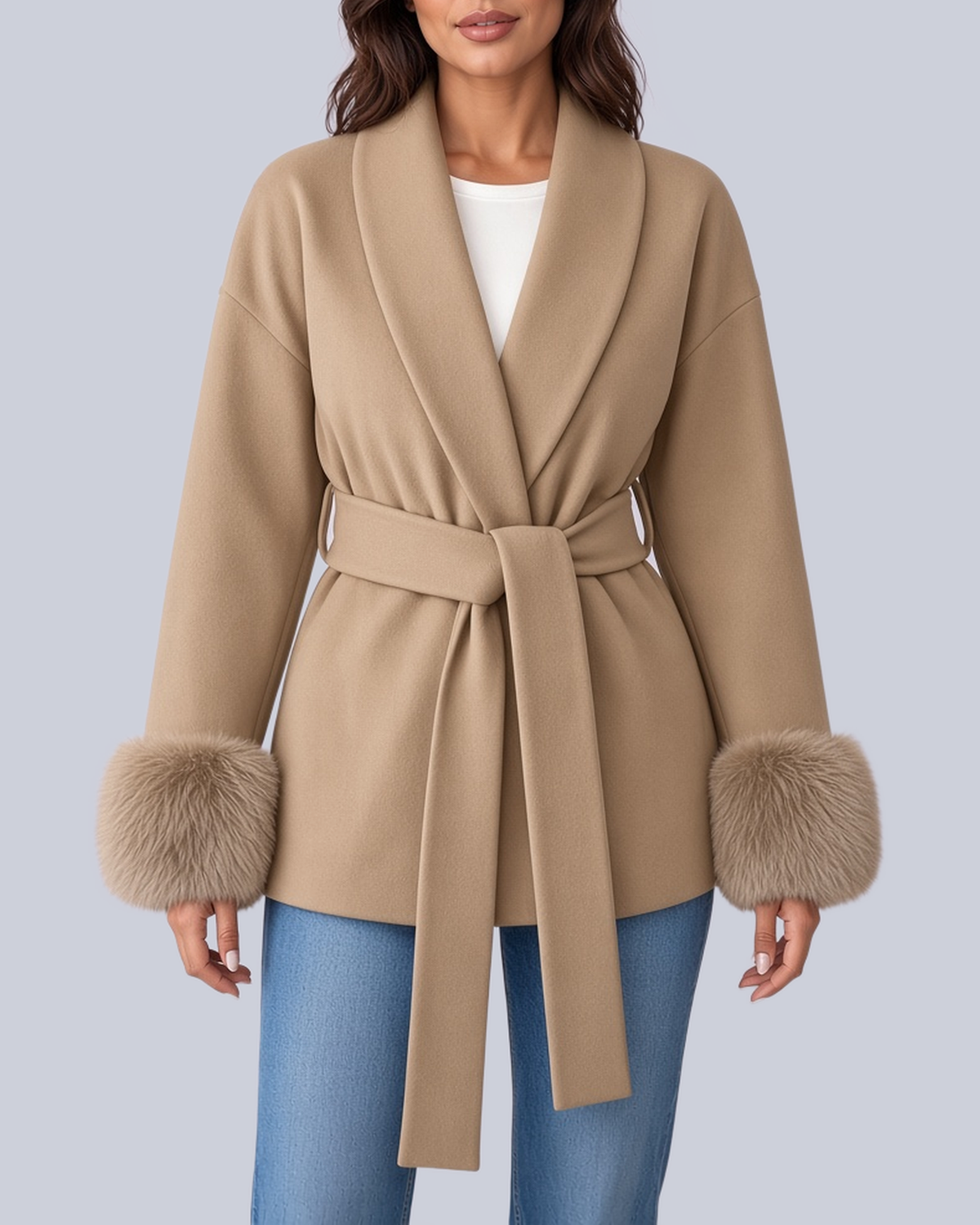Women's Tie Waist Blazer with Shawl Collar and Faux Fur Cuffs in Khaki – Front View