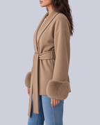 Women's Tie Waist Blazer with Shawl Collar and Faux Fur Cuffs in Khaki – Side View