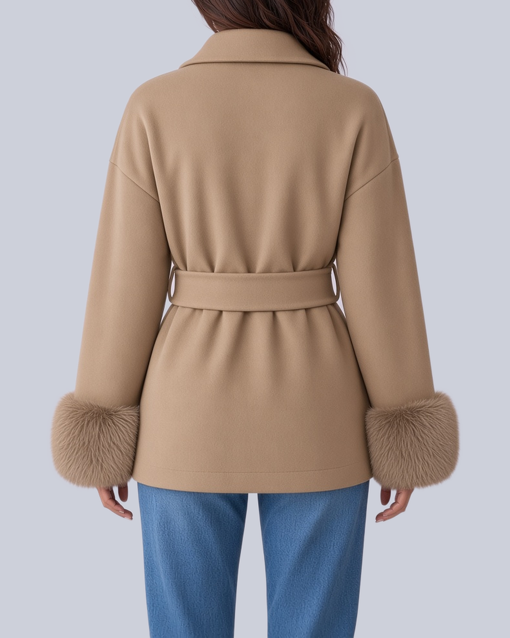 Women's Tie Waist Blazer with Shawl Collar and Faux Fur Cuffs in Khaki – Back View