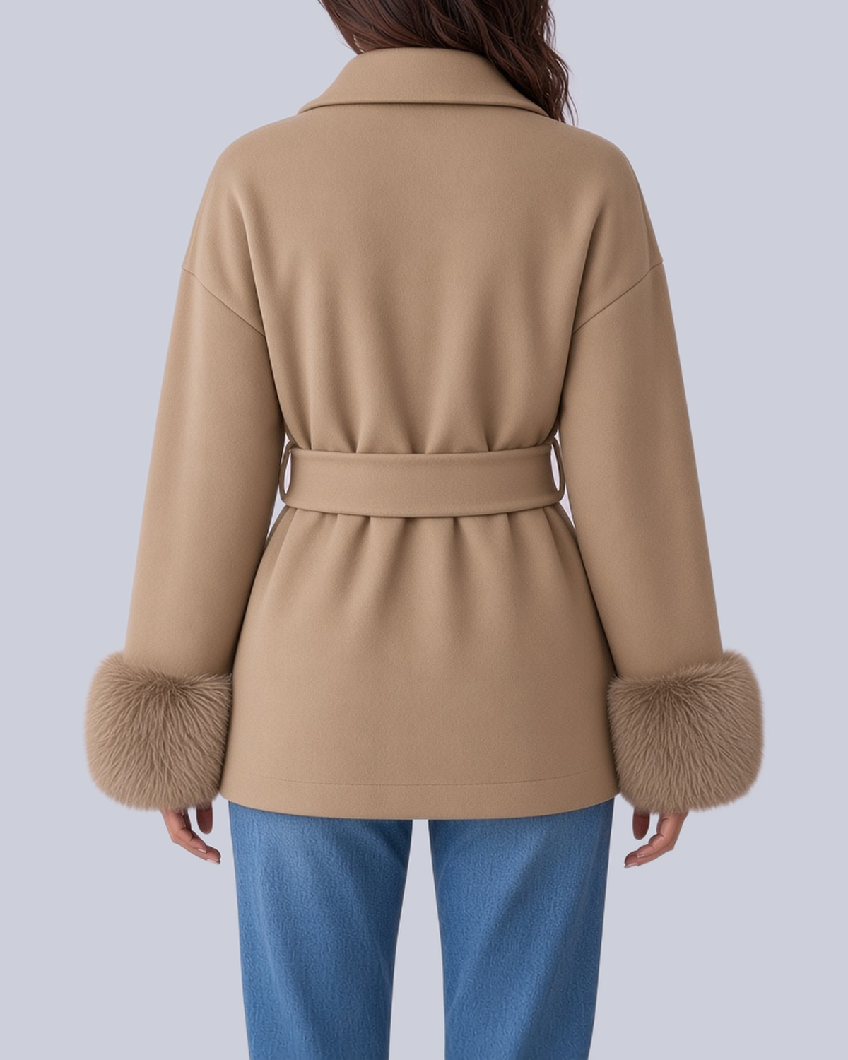Women's Tie Waist Blazer with Shawl Collar and Faux Fur Cuffs in Khaki – Back View